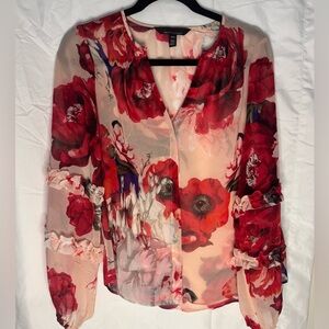 Floral (poppies) White House Black Market sheer blouse with ruffle sleeve trim